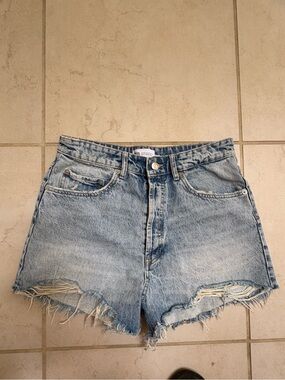 Zara Light Blue Distressed High-Rise Denim Shorts